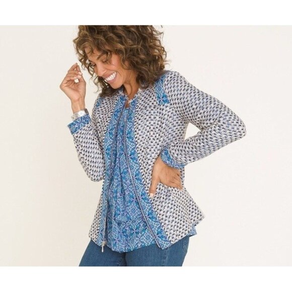 Chicos Tweed Jacket Size 1/US 8/10 Blue Zip Up Mixed Media Classy Preppy Blazer - Picture 2 of 13